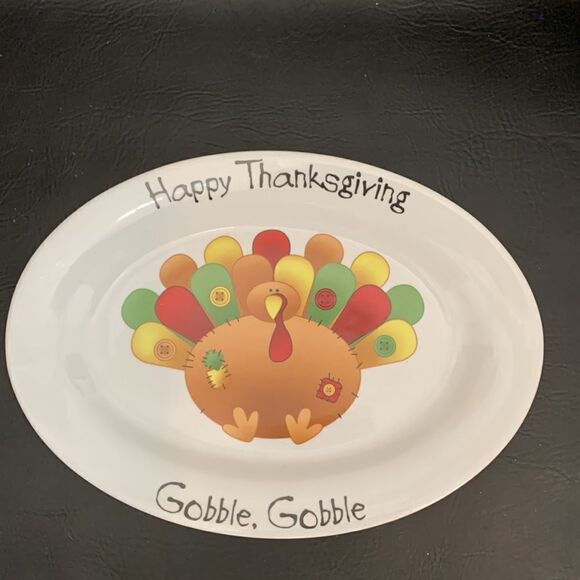 Happy Thanksgiving Gobble Gobble Turkey Serving Large White Ceramic Oval Platter - Picture 2 of 4